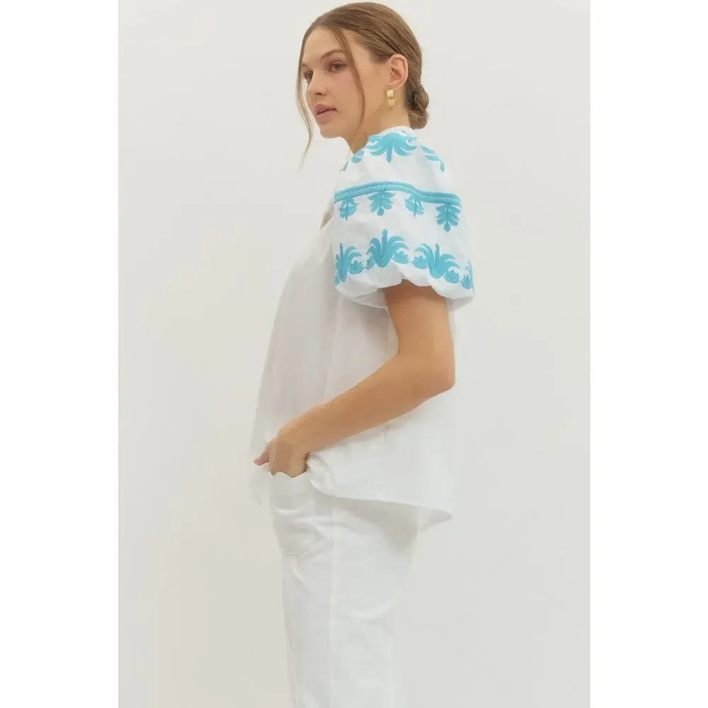 Entro NWT Off White Blue Embroidered Bubble Sleeve Blouse M
